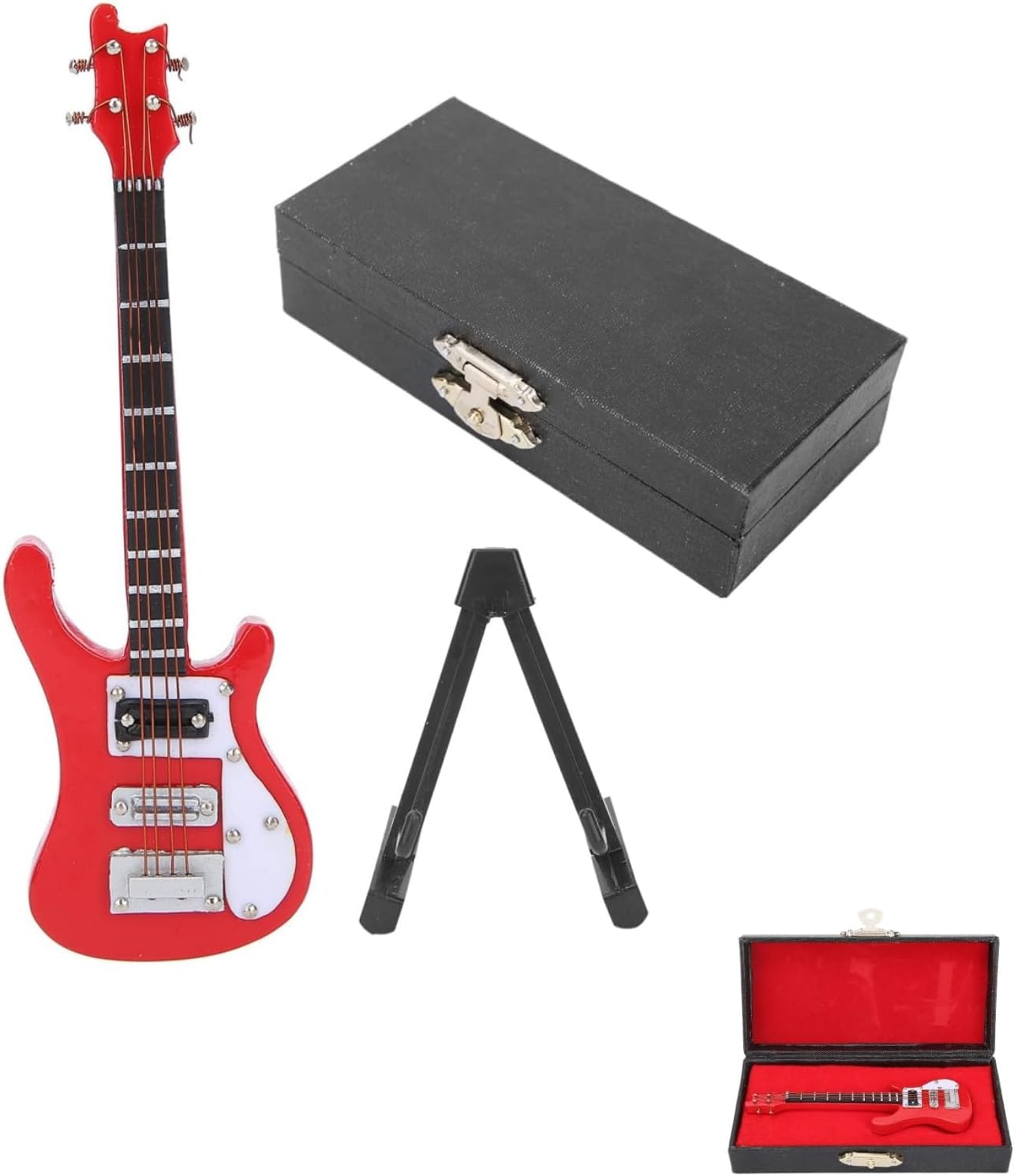 Wooden Miniature Electric Guitar, Wooden Miniature Guitar with Stand and Case Mini Musical Instrument Electric Small Replica Collectible Decoration 1.2 * 3.9in (Red)
