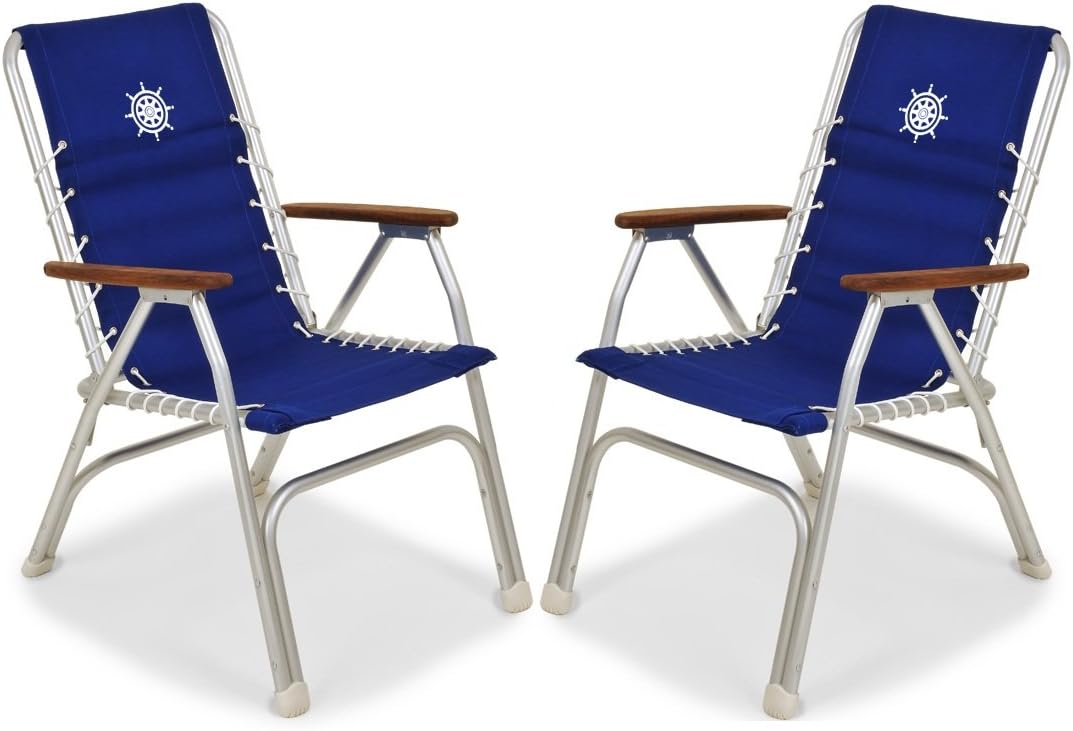 Forma Marine Boat Chairs High Back Blue Deck Folding Marine Aluminum Teak Furniture Set of 2 M150B