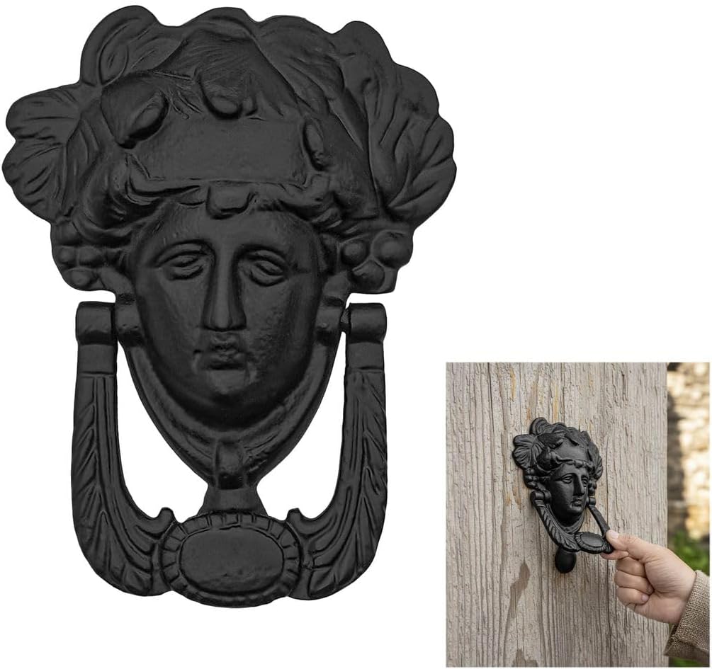 Mystic Colonial Medieval Cast Iron Door Knocker Athena Design, 6 Inch, Rustic Black Finish Front Door Knocker with Mounting Screws for Vintage Doors