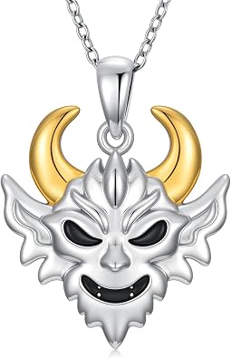 Demon Necklace for Women Halloween Gothic Prajna Mask Necklace Sterling Silver Evil Demon Ghost Horn Skull Pendant