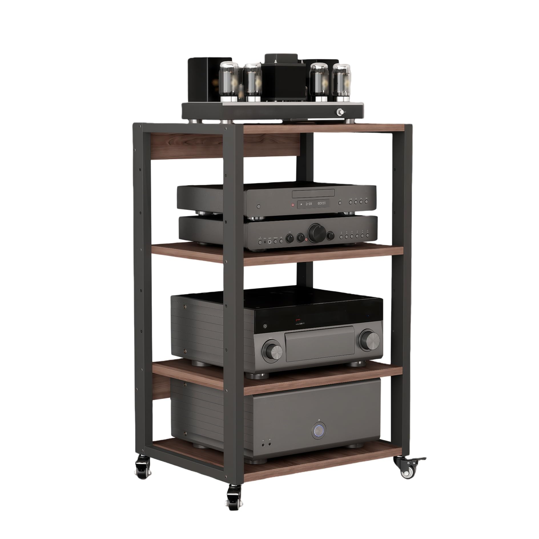 Stojak HiFi z kółkami, 4-poziomowa drewniana szafka AV, do gramofonu i konsoli do gier, regulowane półki, stojak na drukarkę, stylowa wieża do przechowywania (50 x 40 x 90 cm)