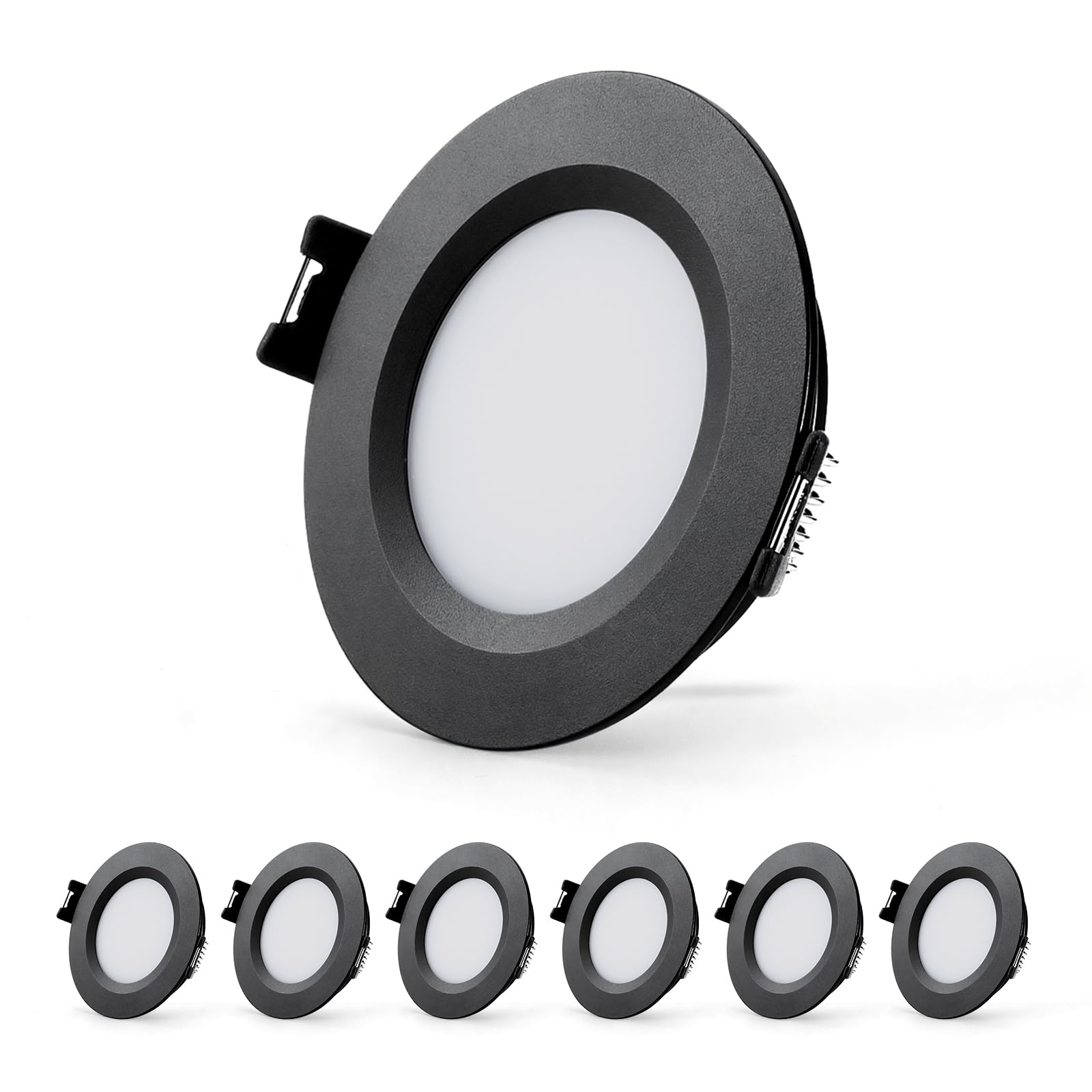 Sanyoung 12V LED Recessed Ceiling Lights, 3W Alu Campervan Lights Dimmable 3000K Warm White 240LM, 12mm Ultra-Slim, 58-62mm Hole, IP44 LED Downlights for Motorhome, Boat, Under Cabinet, Black, 6 Pack