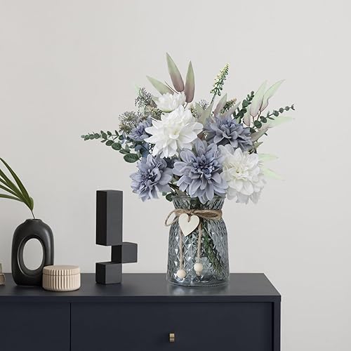 Miniatura 8 de Flores artificiales en jarrón, 8 dalias, flores artificiales de seda en jarrón, centros de mesa para decoración, flores falsas en jarrón con un