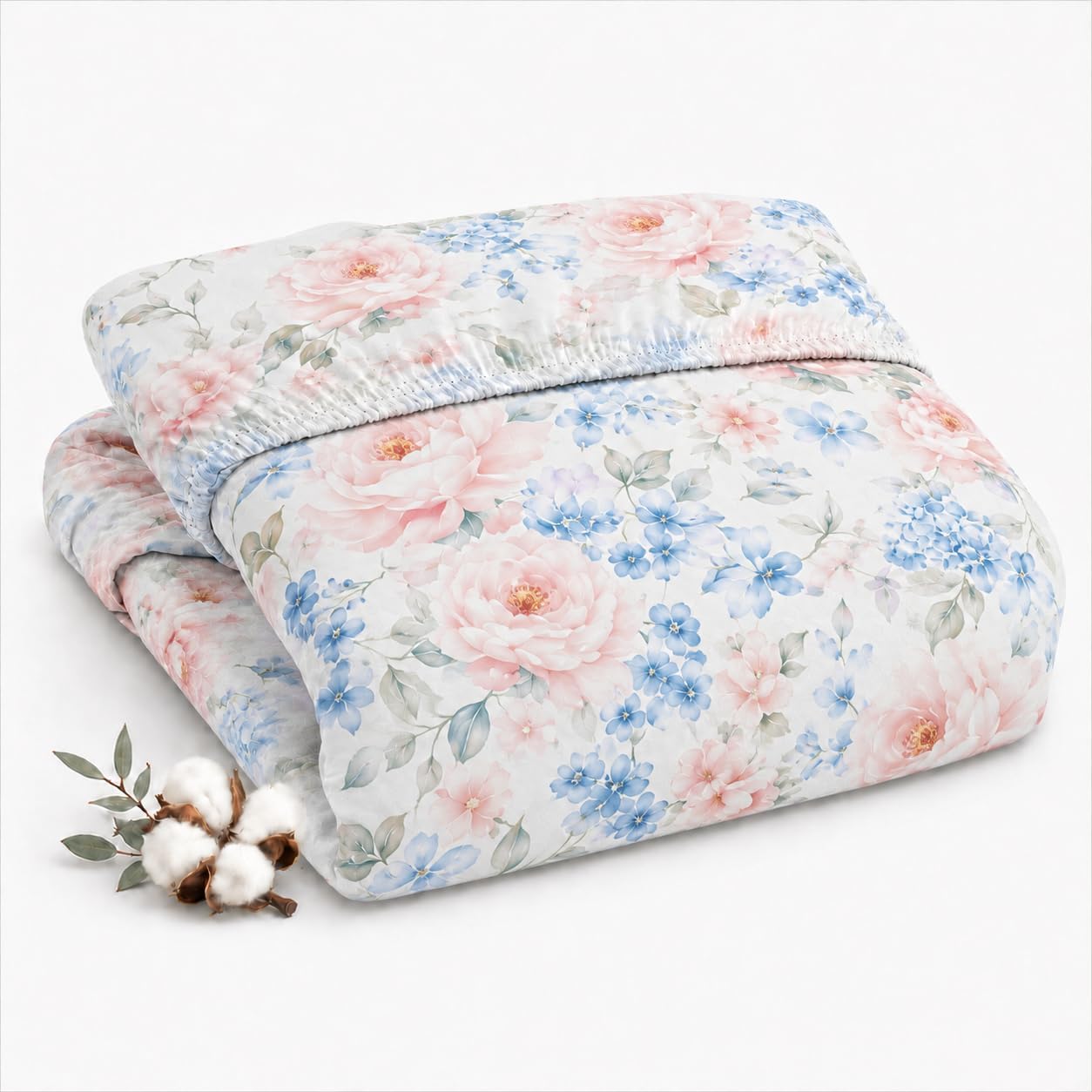 YIYEA 100% Cotton Fitted Sheet Only, 400TC Ultra Soft Floral Fitted Bottom Sheet for All Seasons, Sateen Weave, 16" Deep Pocket, Full