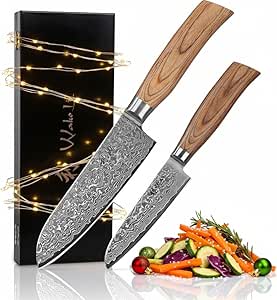 Wakoli EDIB Pro 2-teiliges Küchenmesser Set aus echtem Damaststahl (VG10 Kern) in edler Geschenkbox – mit 2 Santoku Messer – Scharfe Damastmesser im Damastmesser Set mit ergonomischen Pakkaholzgriffen