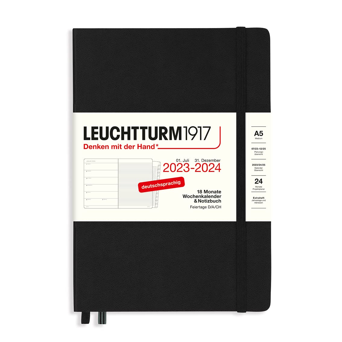 LEUCHTTURM1917 367689 Weekly Calendar & Notebook Medium (A5) 2024, 18 Months, Black, German