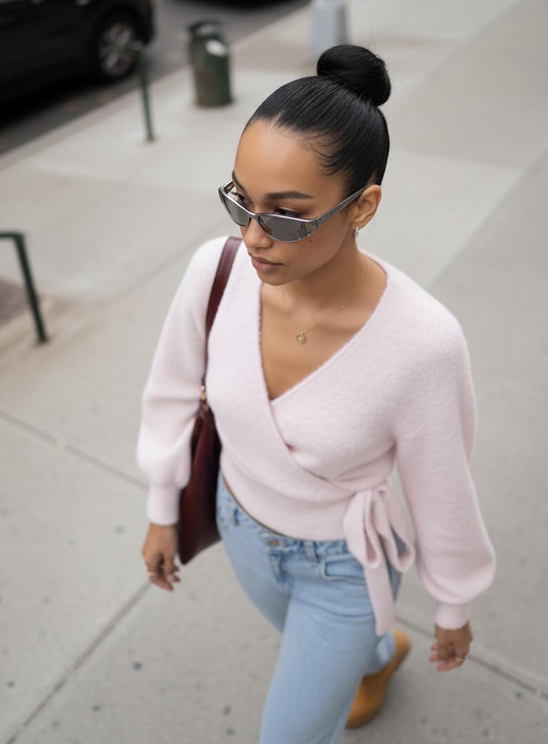 Women V Neck Wrap Sweater Cinched Waist Top Tie Cardigan Knit Cropped Sweaters Cute Going Out Sexy Casual Outfits