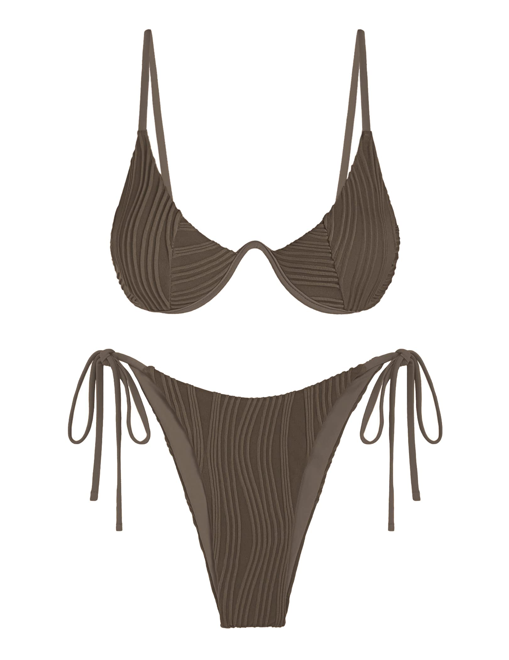 Women's Bikini Sets Ribbed Two Piece Swimsuits Underwire Adjustable Back Clasp Bathing Suit Side Tie Thong Swimwear