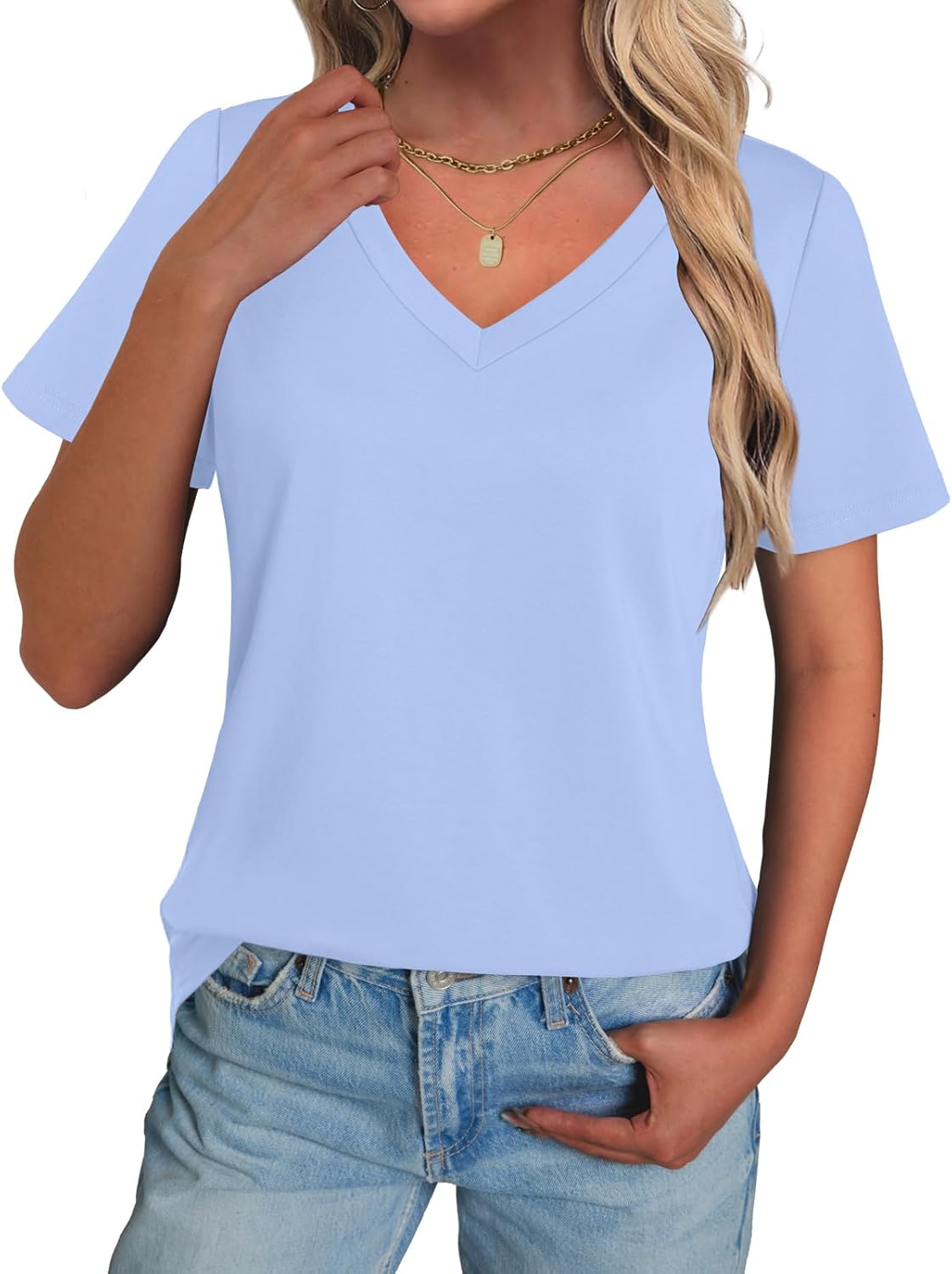 Womens T Shirts V Neck Short Sleeve Cotton Tops Summer Curved Hem Trendy Basic Tee Shirt S-XXL - Image 2