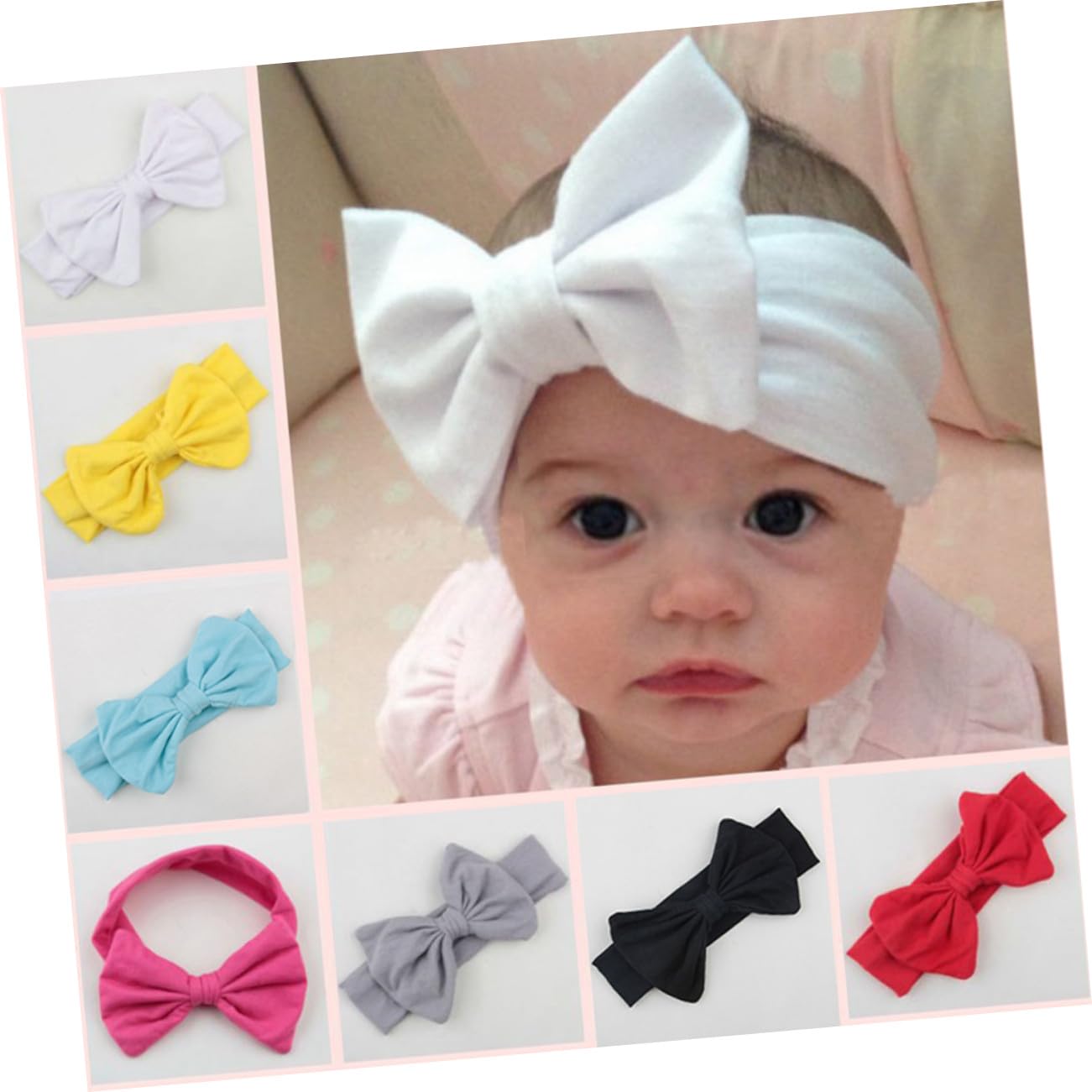 8pcs Headbands with Cotton Bow Hair Bows Elastic Headwraps for Newborns and Pastoral Style Hair Accessories in Colors Red Blue Yellow Black White Rosy Grey Pink