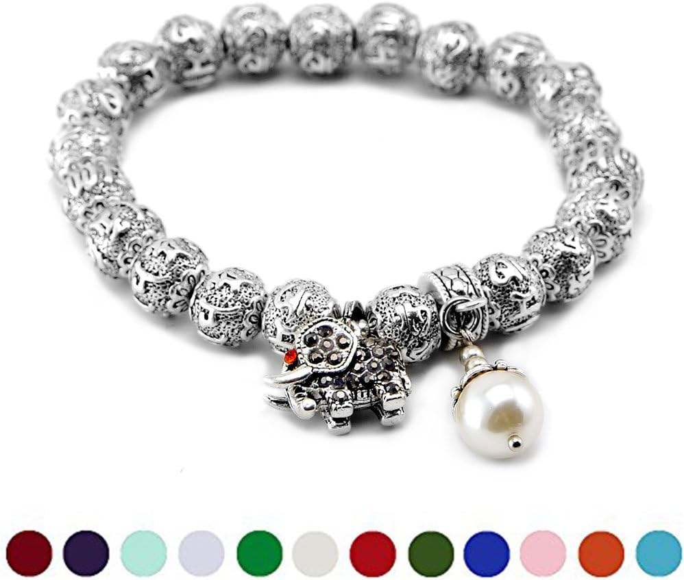 June Garnet Birthstone Om Mani Padme Hum Prayer Beads Bracelet, Cat Eye Jewels Tibetan Silver 10mm Beads Birthstone with Lucky Elephant Charms Stretch wristband H23
