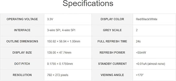 5.79 Inch E-Paper (B) Raw Display 792x272 Red/Black/White E-Ink Display SPI Communication Fits Raspberry Pi/Jetson Nano/Arduino/STM32 without Driver Board Epaper Screen