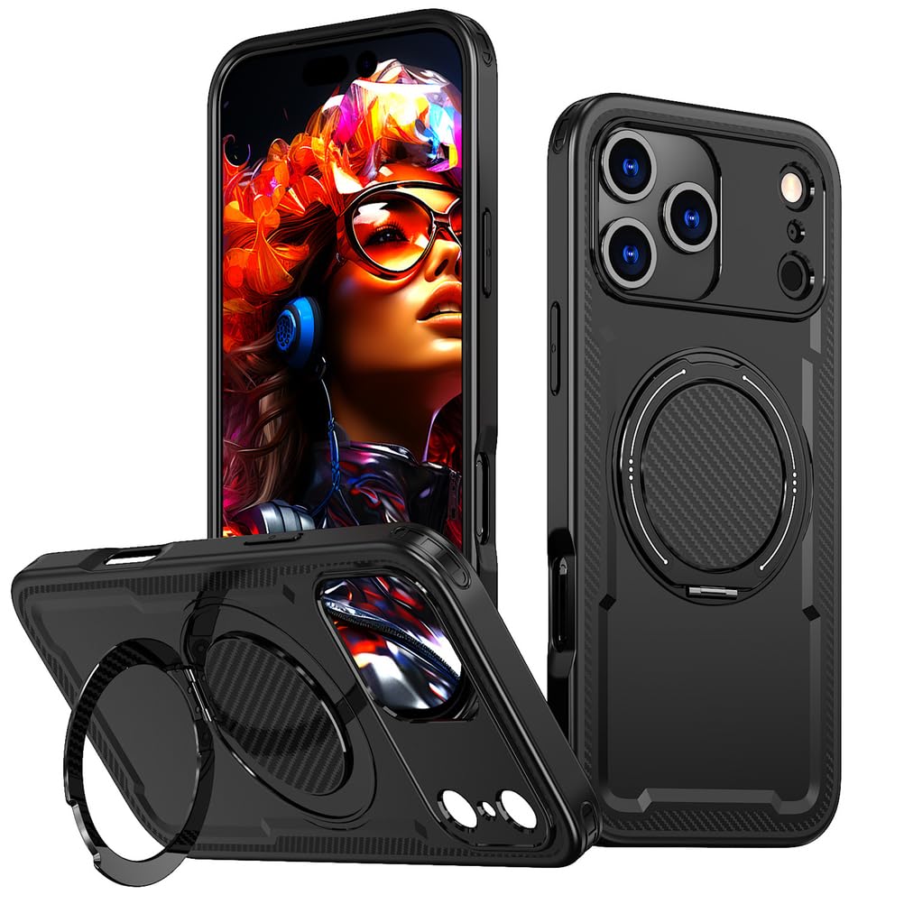 Magnetisch Hülle für iPhone 17 Pro Max/17 Pro/17 Air/17, Dünne Gefrostet rutschfeste Schutzhülle mit Drehbarer Ringhalter Handyhülle,Schwarz,17 Pro