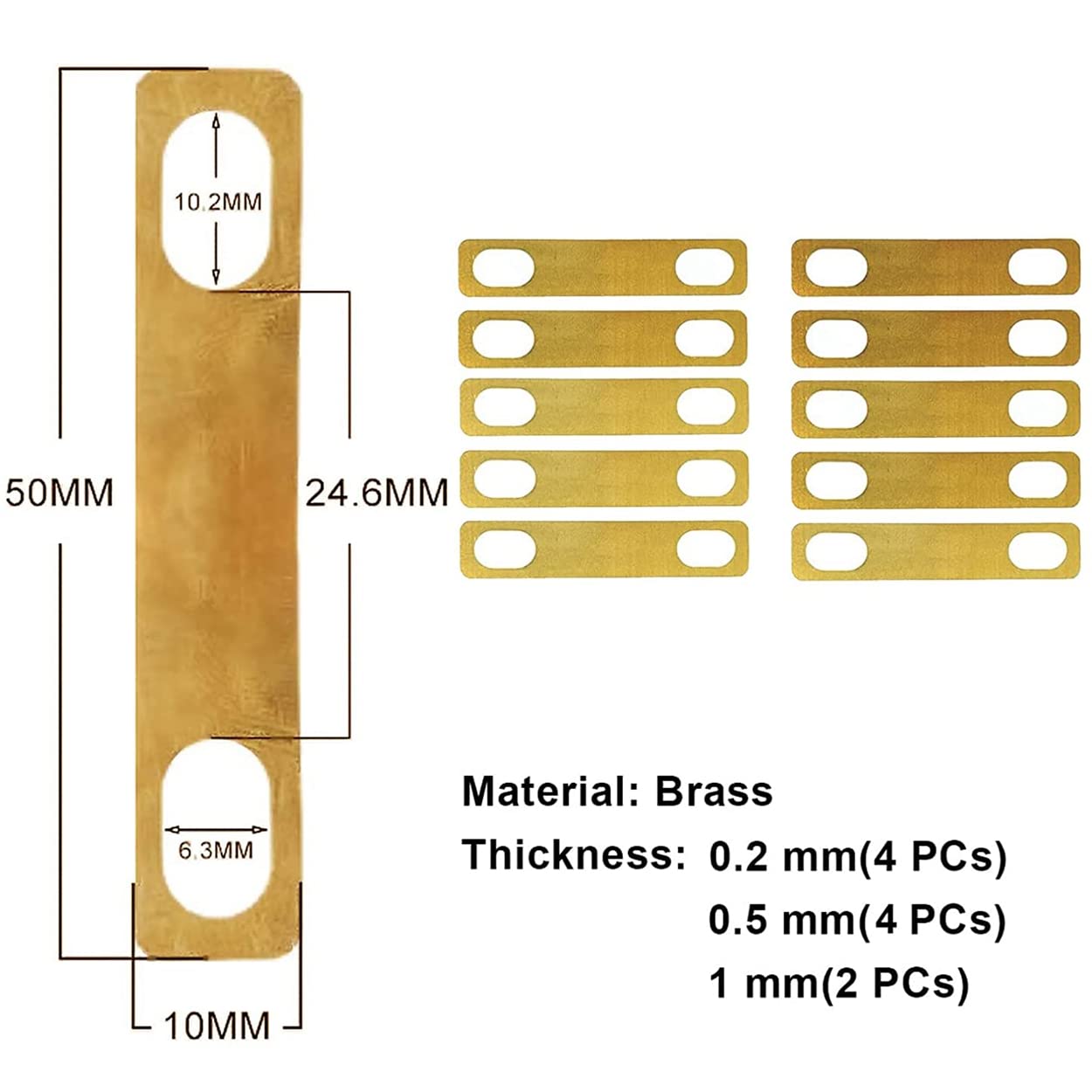 Alnicov 10 szt. nakładki na szyję do gitary 4 x 0,2 mm, 4 x 0,5 mm i 2 x 1 mm grubości mosiężne podkładki do naprawy gitary i basu przykręcanej szyi, złote