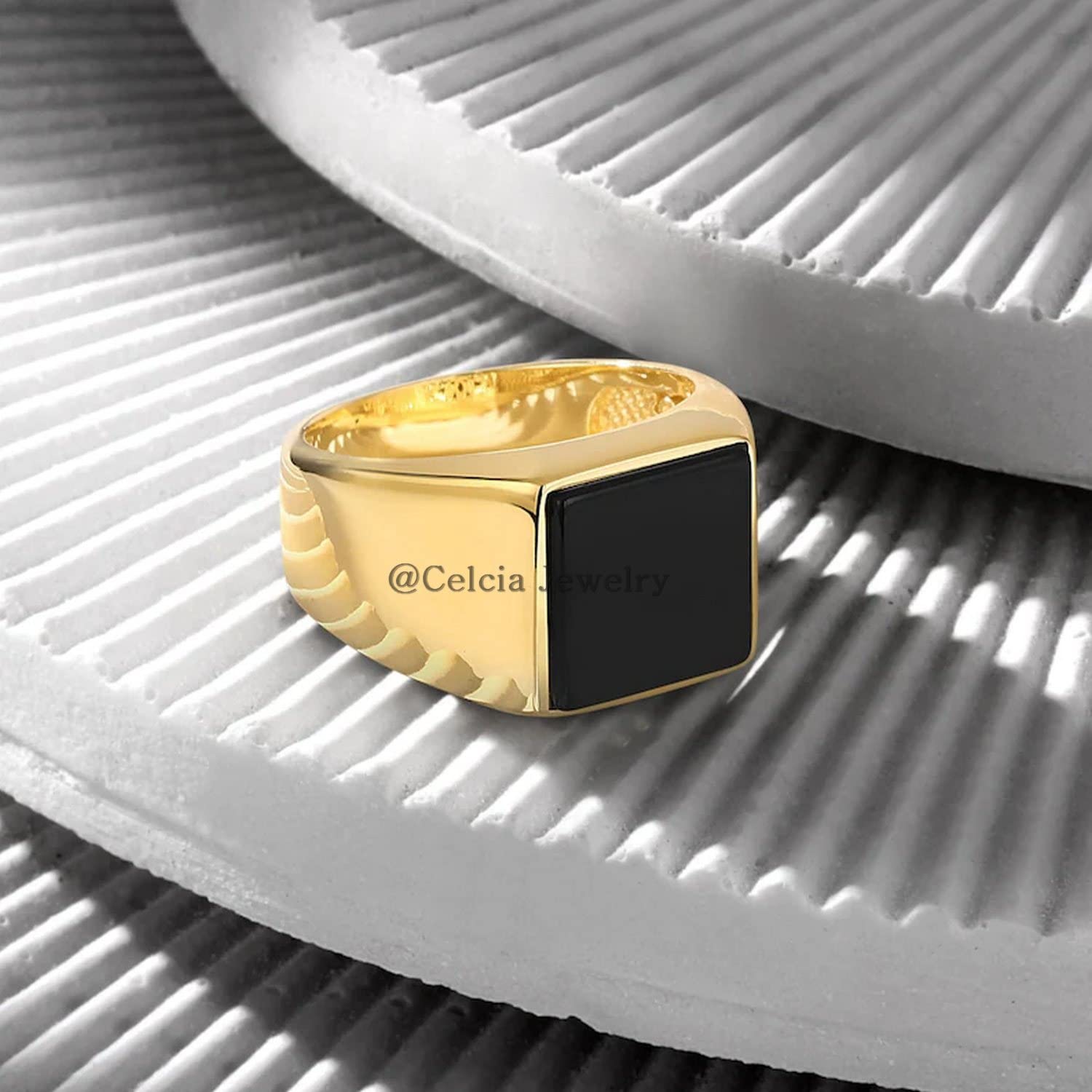 Black Onyx Natural 12MM Gemstone Ring, Real 925 Sterling Silver, Turkish Arabic Promise Ring, Mens Signet Ring, Unique Gifts for Him, Yellow Gold Vermeil Ring, (black-onyx (yellow)