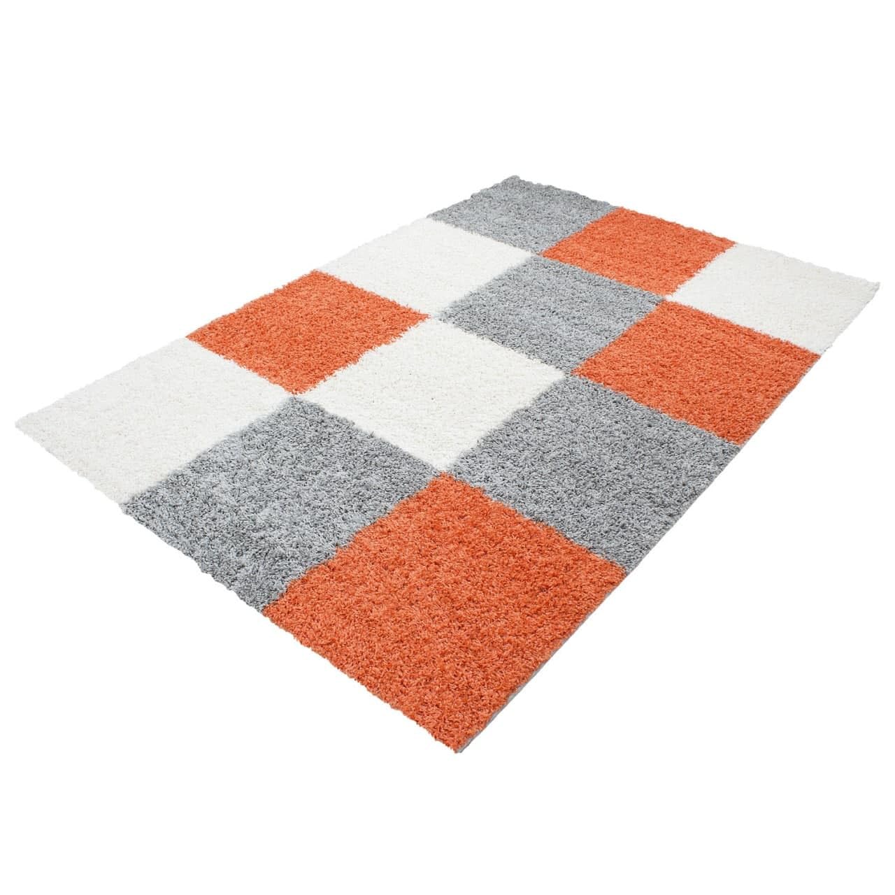 Hochflor-Teppich Wohnzimmer kariert Terrakotta 160x230 cm | Oberseite 100 % Polypropylen, 30 mm Florhöhe, ca. 2.000 g/m², 48.500 Punkte/m², gekettelte Kanten, OEKO-TEX Standard 100