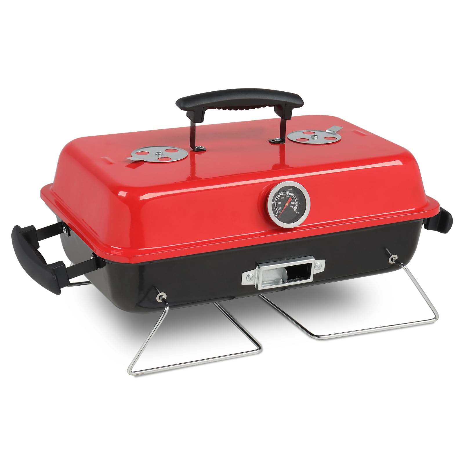 Portable Charcoal Grill, Tabletop Outdoor Barbecue Smoker, Small Folding BBQ Grill with Lid, Thermometer, Stainless Steel Legs for Camping Garden Party Picnic Cooking, Black — view 10