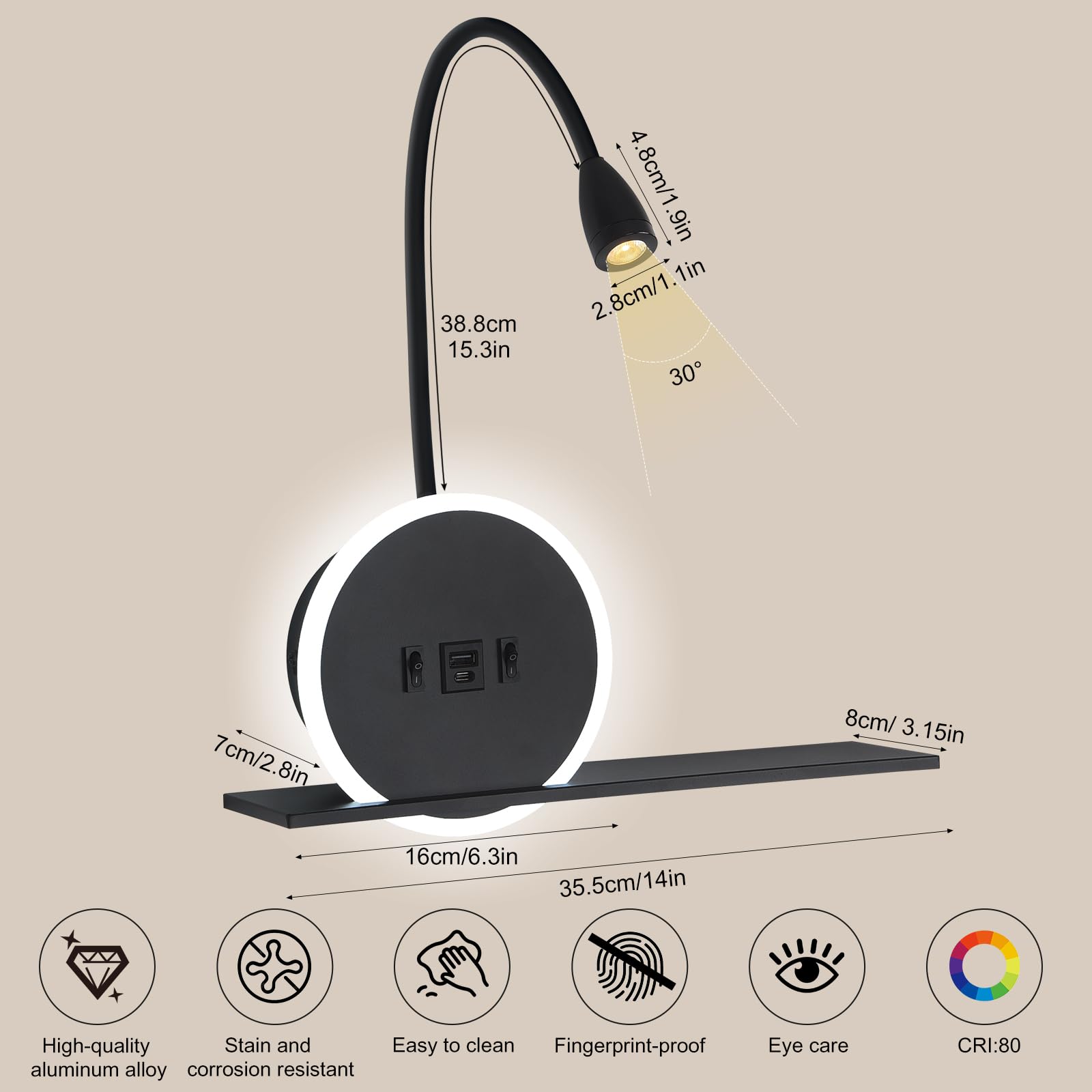 SANSHI Leselampe 2 Stück,Schwenkbar Nachttischlampe mit Schalter,Schwarz | wand Leselicht,USB + TYPE C Ladeanschluss Wandleuchte,3W 3000K + 9W 6000K Beleuchtung,Schlafzimmer Hotels Bettlampe