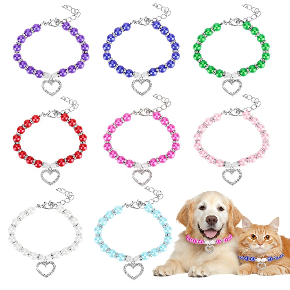 FHUIEWRY 8 Pcs Dog Cat Pearl Collars Beaded Necklace, Pearl Cat Collar Necklace with Crystal Rhinestone Heart Pendants, Cute Accessories for Small