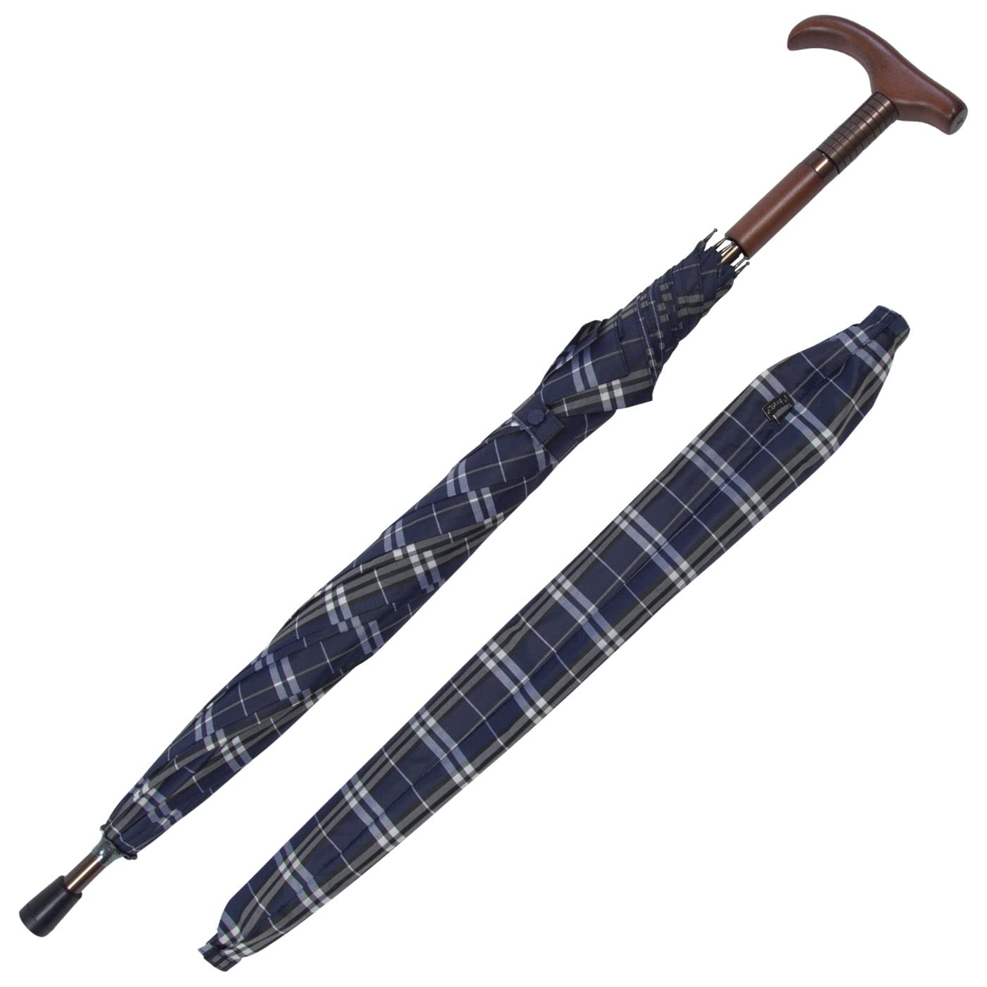 iX-brella Altura ajustable con mango de madera, azul de cuadros, 105 cm