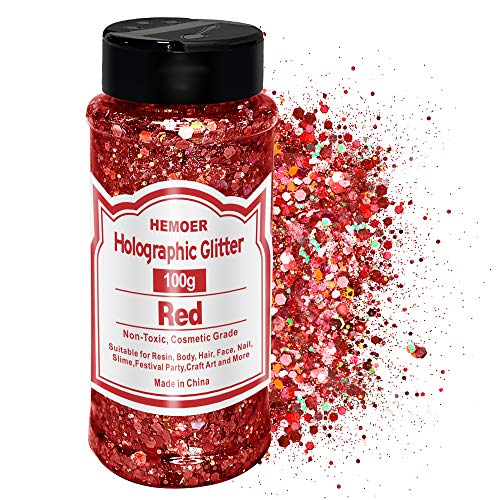 HEMOER Purpurina Gruesa Holográfica Rojo, 100g Grado Cosmético Brillos Corporales para Uñas, Cara, Cabello y Maquillaje de Festival, Hexágono Purpurina para Manualidades, Resina Epoxy Decoración
