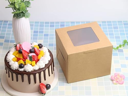 Miniatura 5 de PQZKLDP Paquete de 12 cajas de pastel de papel kraft marrón de 6 x 6 x 5 pulgadas con ventana, embalaje de regalo, cajas de panadería, postres,