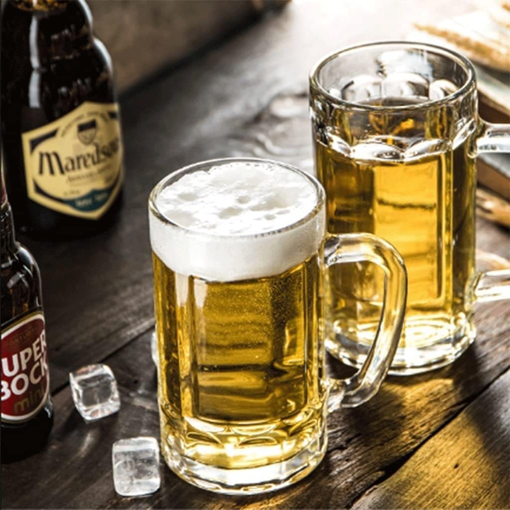 SwePer Bierkrug aus Holz, nordischer Bierbecher, Bierkrug-Set, Glaskrüge mit Henkel, klassische Biergläser for den Gefrierschrank, Bierbecher, Bierglas-Trinkgläser, 465 ml, 2 Stück Bierkrug