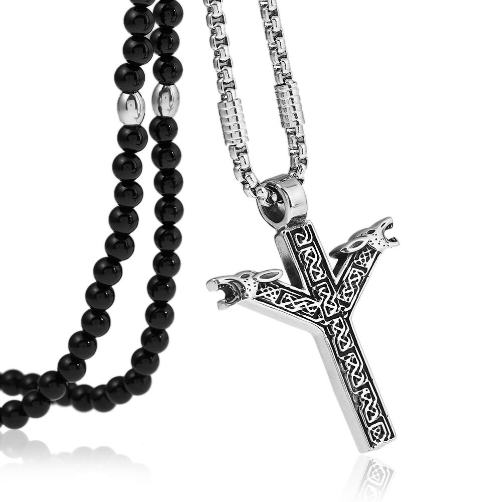 BLEUM CADEStainless steel Norse Vikings Rune Wolf Heads pendant Necklace Natural Agate Stone Chain 26"