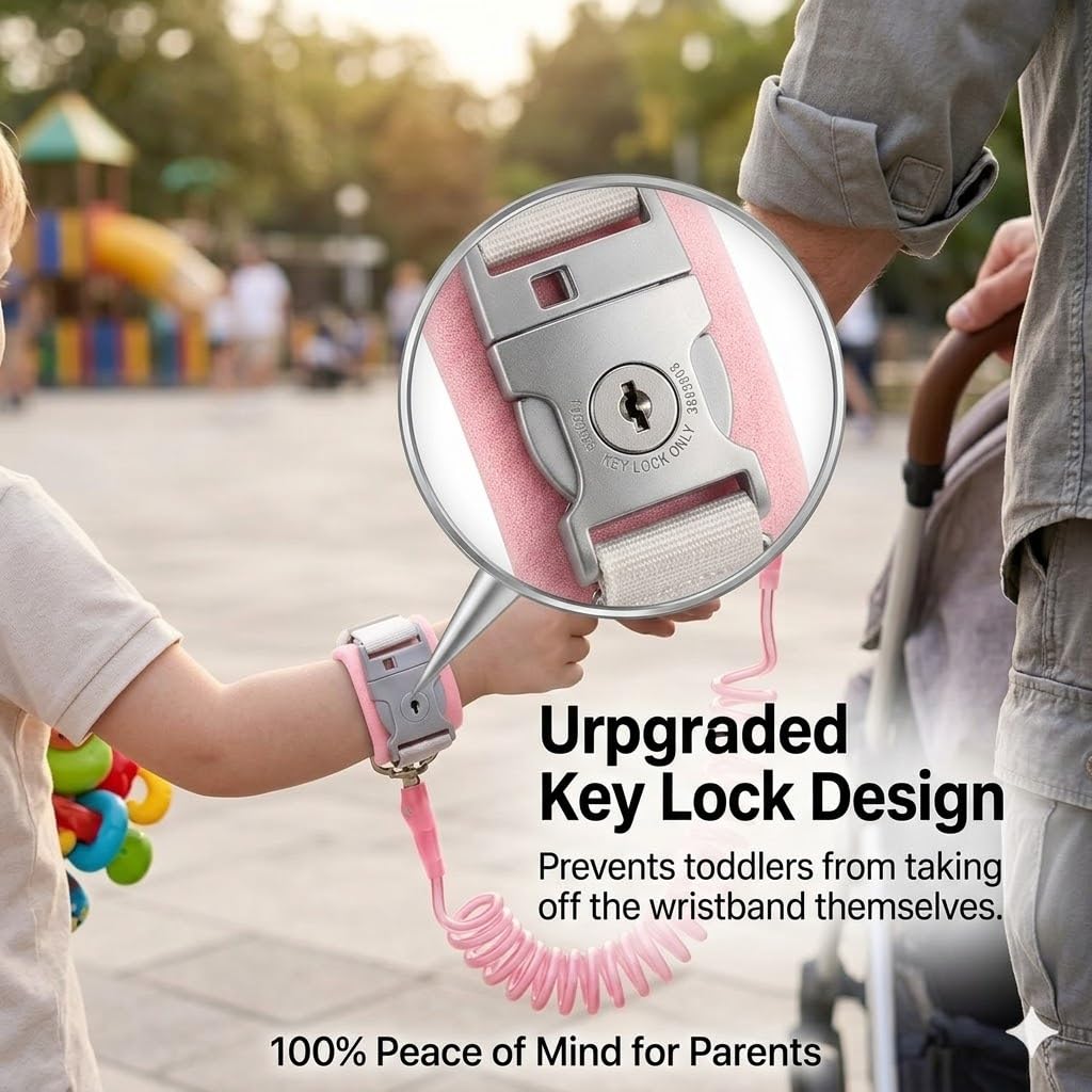 98 inch Retractable Toddler Anti-Lost Wrist Link, Upgraded Safety Leash with Steel Wire, Breathable Padded Wristband for Kids, Child Harness for Walking, Shopping, Travel, Outdoor Activities-Pink — view 6