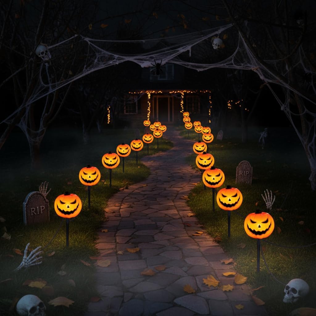 Halloween Outdoor Pathway Lights,7FT Halloween Pumpkin Stake Lights with 4 Clear C7 LED Bulbs for Outside Garden Yard Lawn Driveway Party Decor