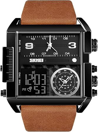 SKMEI Men's Digital Sports Watch, LED Square Large Face Analog Quartz Watch with Multi-Time Zone Waterproof Stopwatch