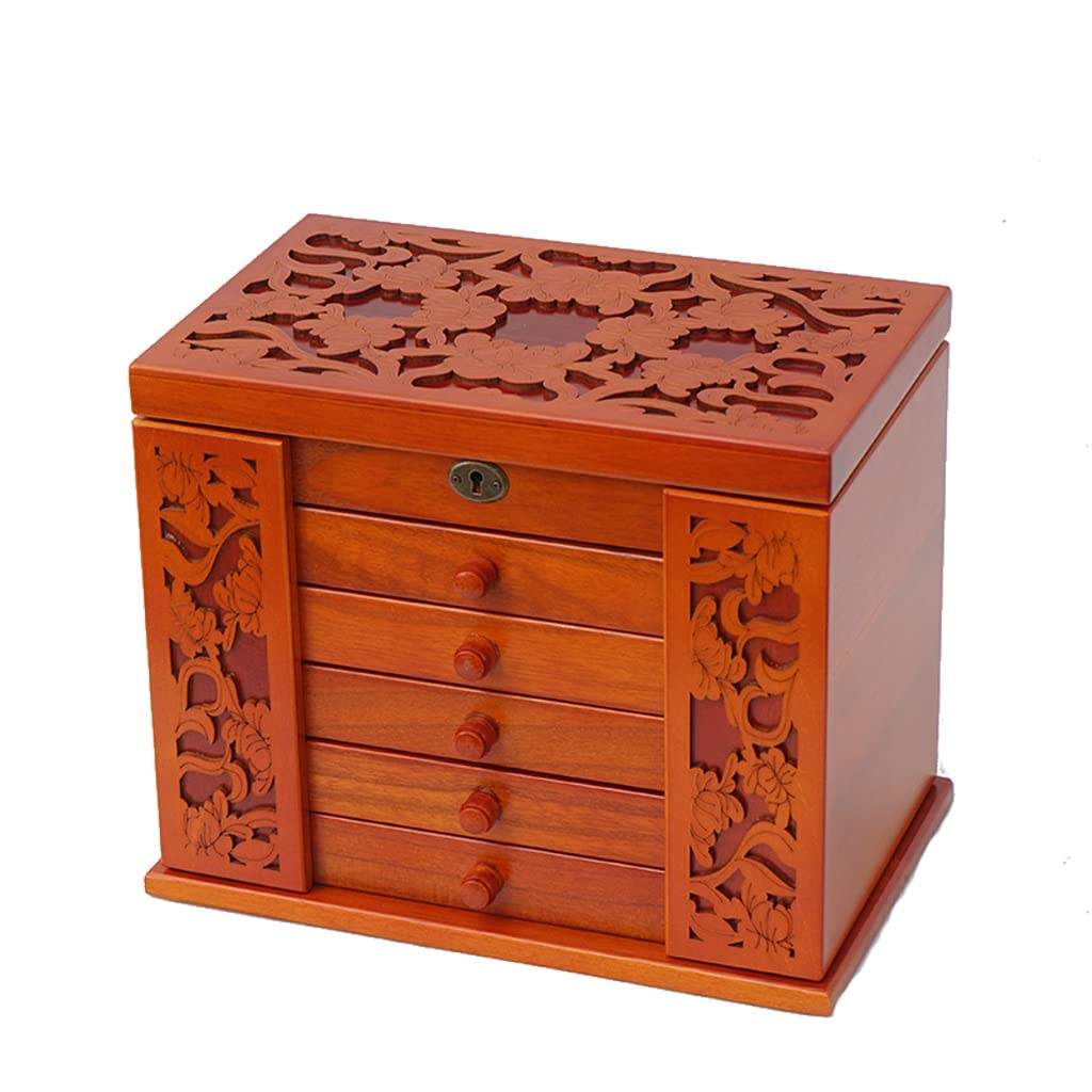 Lshtshf-ou Jewelry Box Solid Wood Wooden Lock Storage Princess Multi-Layer Large Capacity With Mirror Organizer(Brown)