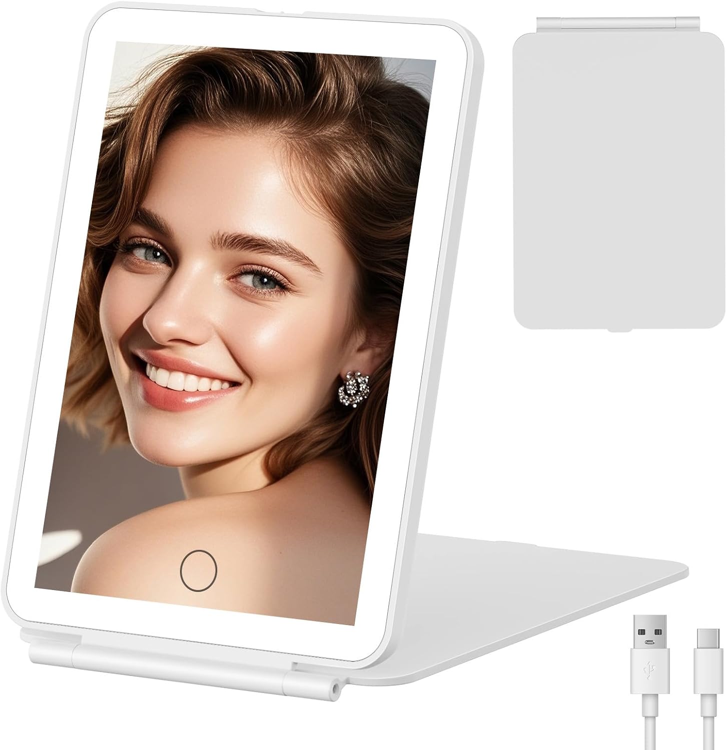 FUNTOUCH Rechargeable Travel Makeup Mirror with Light, 2000mAh Portable Makeup Mirror with 3-Color Lighting, Dimmable Touch Screen, Tabletop LED Folding Cosmetic Compact Vanity Mirror