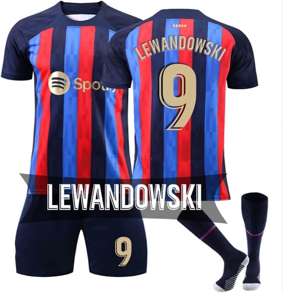 22/23 nuevo Barcelona Fútbol Niños Jersey Red Blue Team Stripe No. 8 Pedri No. 9 Lewandowski No. 30 GAVI Camiseta de fútbol deporte Conjunto de entrenamiento, pantalones cortos No.9 Lewandowski-26