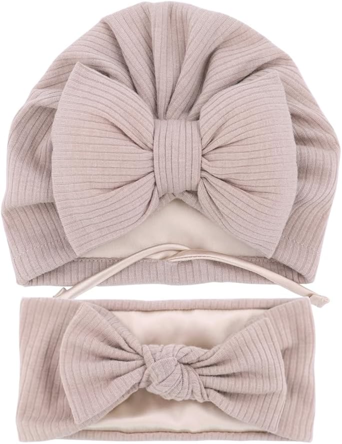 Jomila Bundle of Bonnet and Headband for Baby Newborn Silk Satin Lined Beanie Toddler Infant Girls Adjustable Hat 0-6 Months