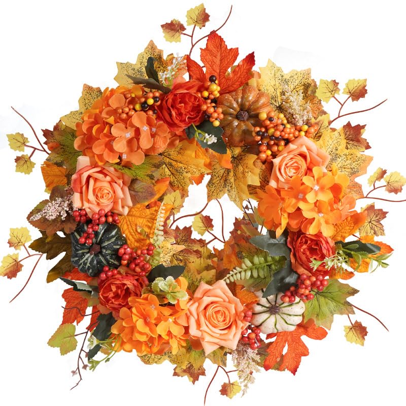 Autumn Hydrangea Pumkins Wreaths for Front Door 40 CM Artificial Fall Door Wreath for Thanksgiving Harvest Decorations Wall Window Party Wedding Decor Indoor Outdoor (Metallic)