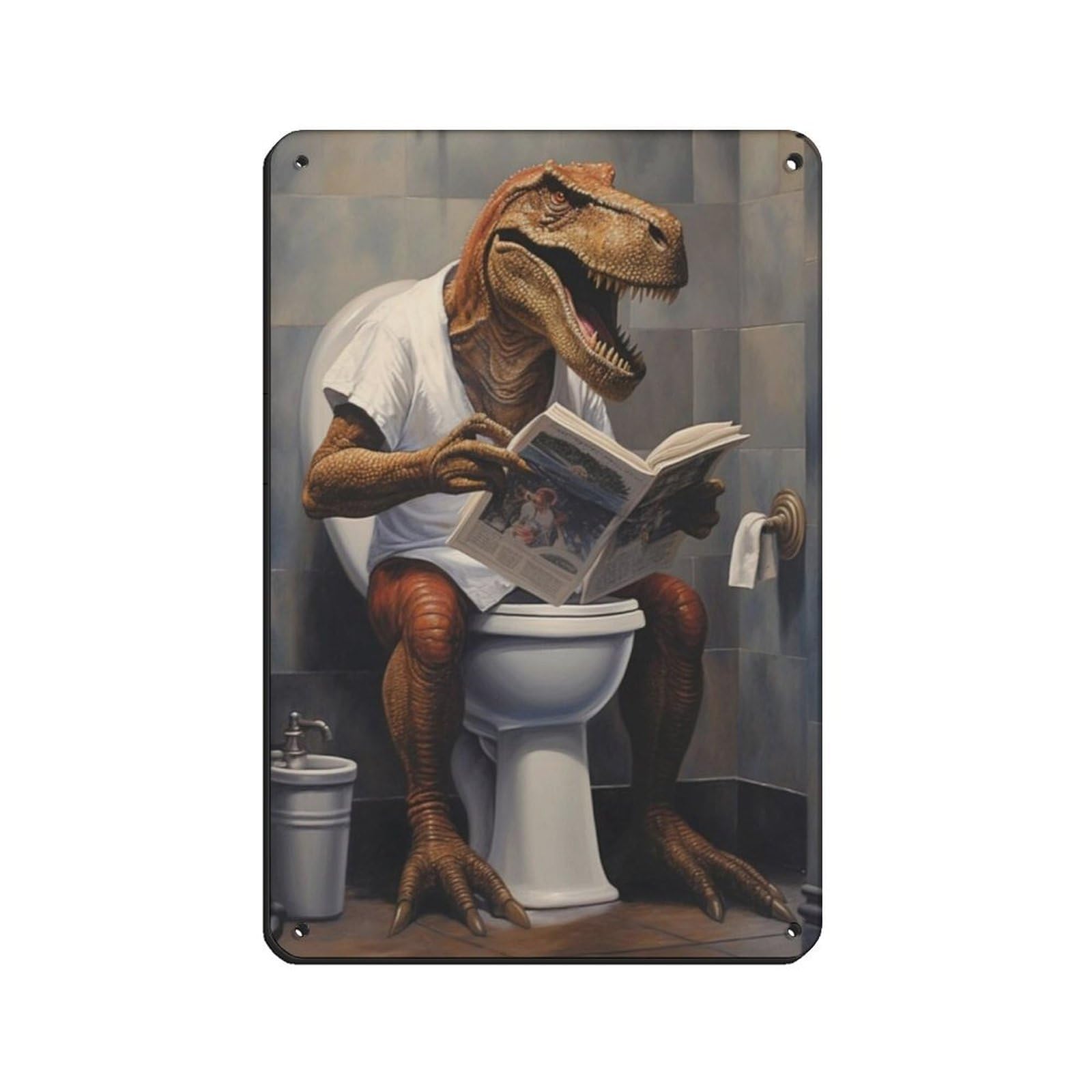 Dino Reading Newspaper Poster Retro Poster Metal Tin Sign Chic Art Retro Iron Painting Bar People Cave Cafe Family Garage Poster Wall Decoration 8x12inch(20x30cm)