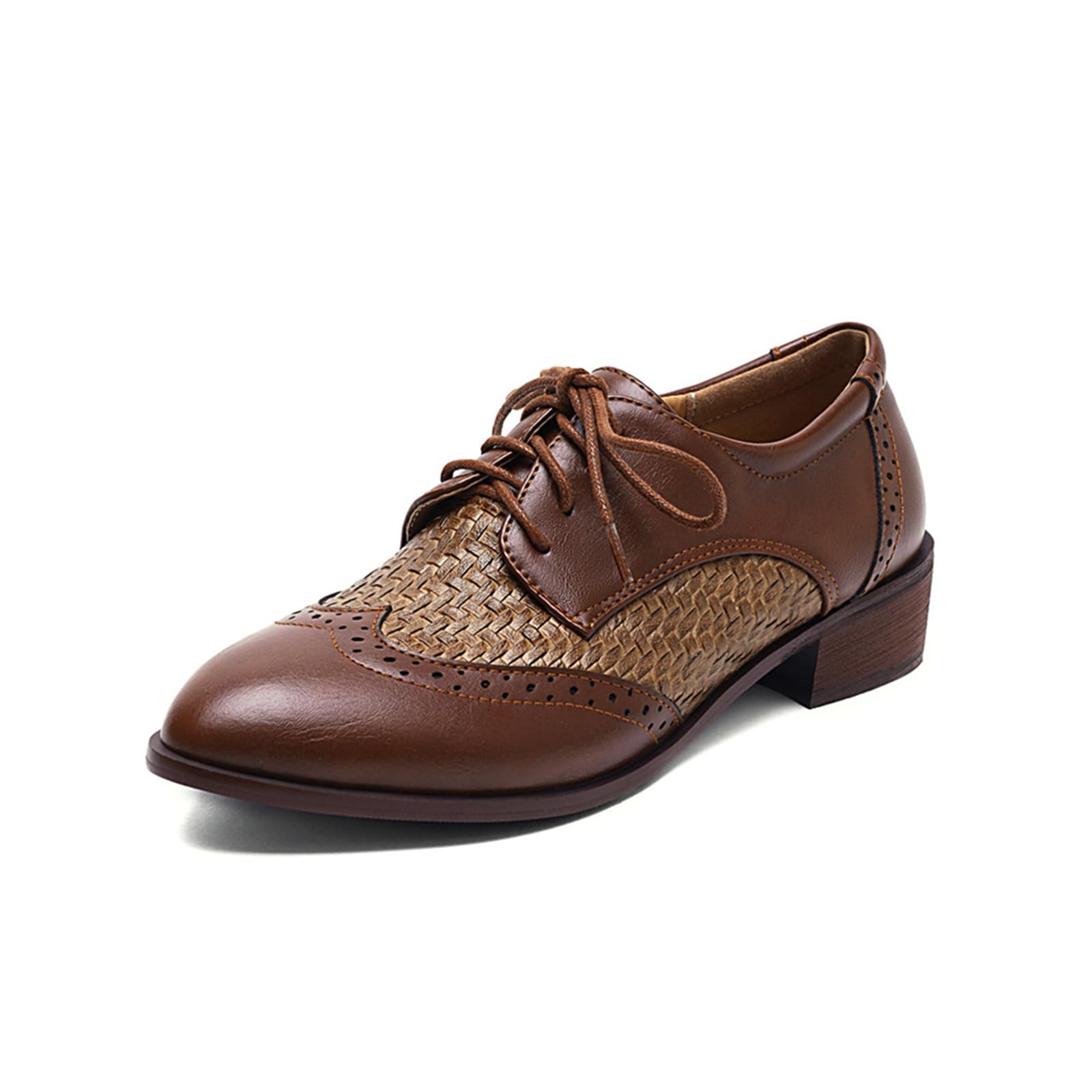 Seborluys Womens Wingtip Oxford Shoes Lace up Chunky Low Heels Vintage Brogues Saddle Shoes