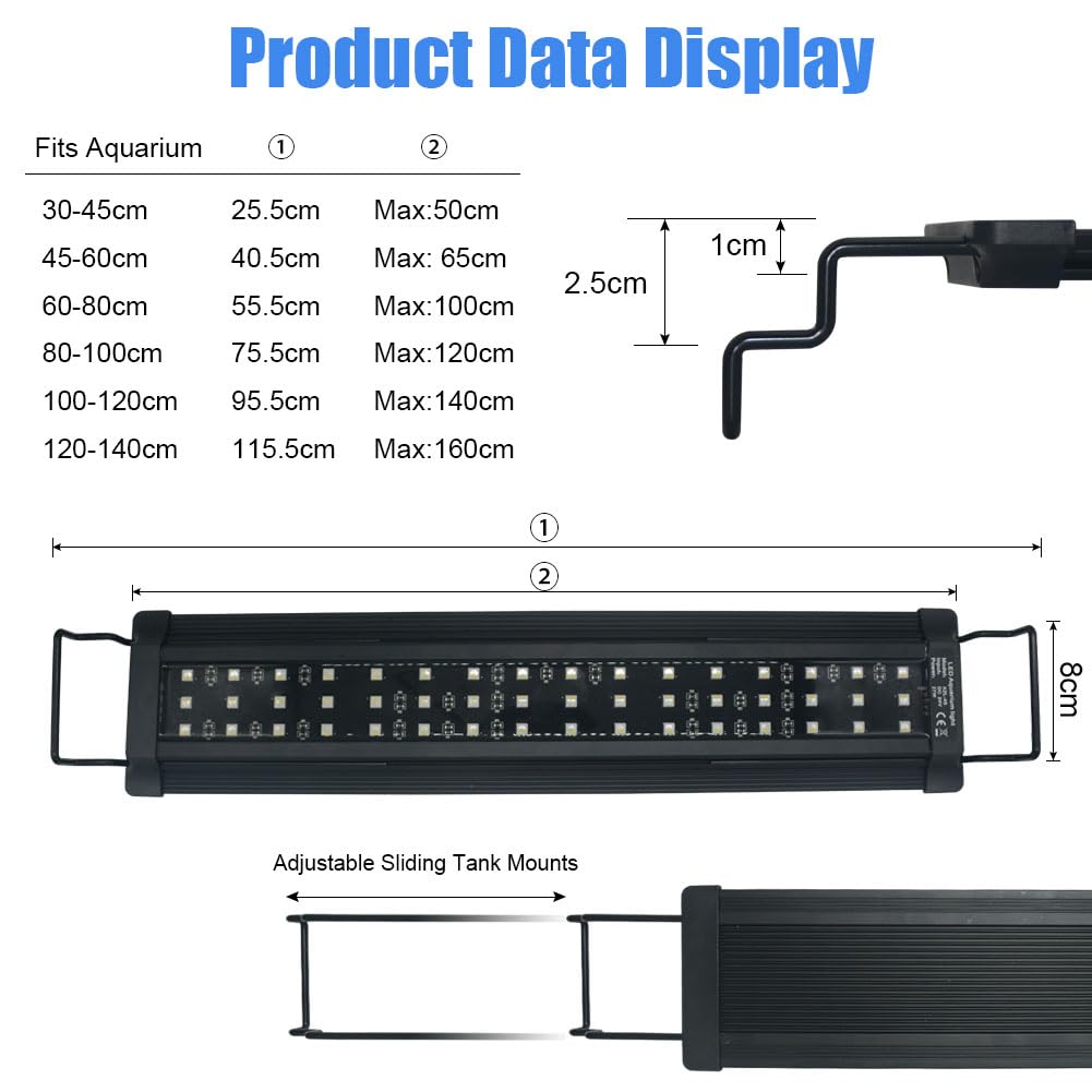 VARMHUS Lámpara LED acuario con control remoto y aplicación, resistente al agua IP68, múltiples luces y 10 modos de brillo, de espectro completo para acuarios de agua dulce (60-80CM)