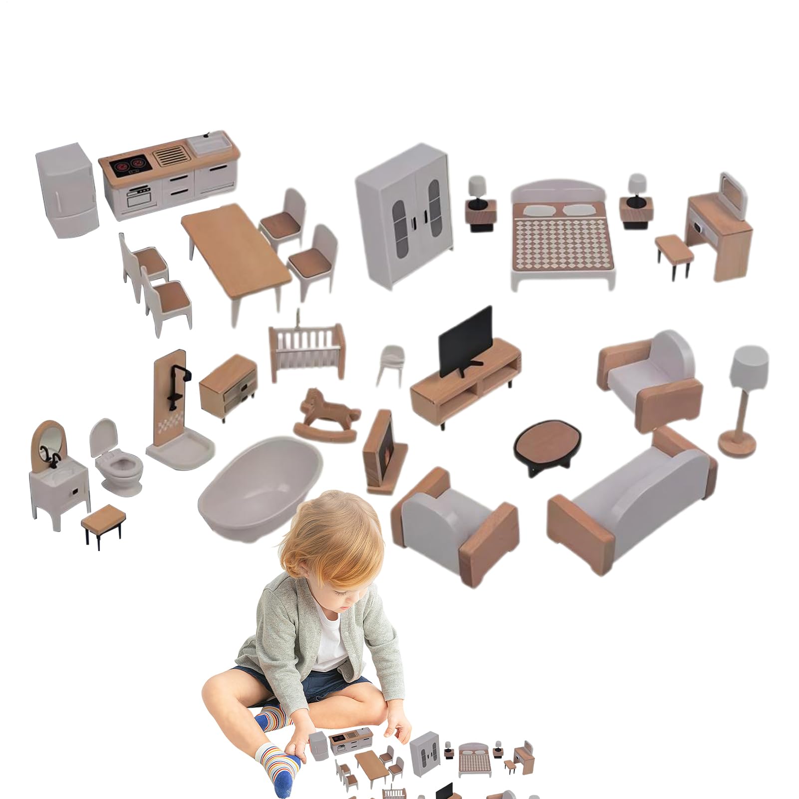 Drewniane Meble do Domku dla Lalek Realistyczne Miniaturowe Wyposażenie | Interaktywna Zabawka Meblowa do Użytku Domowego Przedszkola Żłobka Podróży i Przyjęć