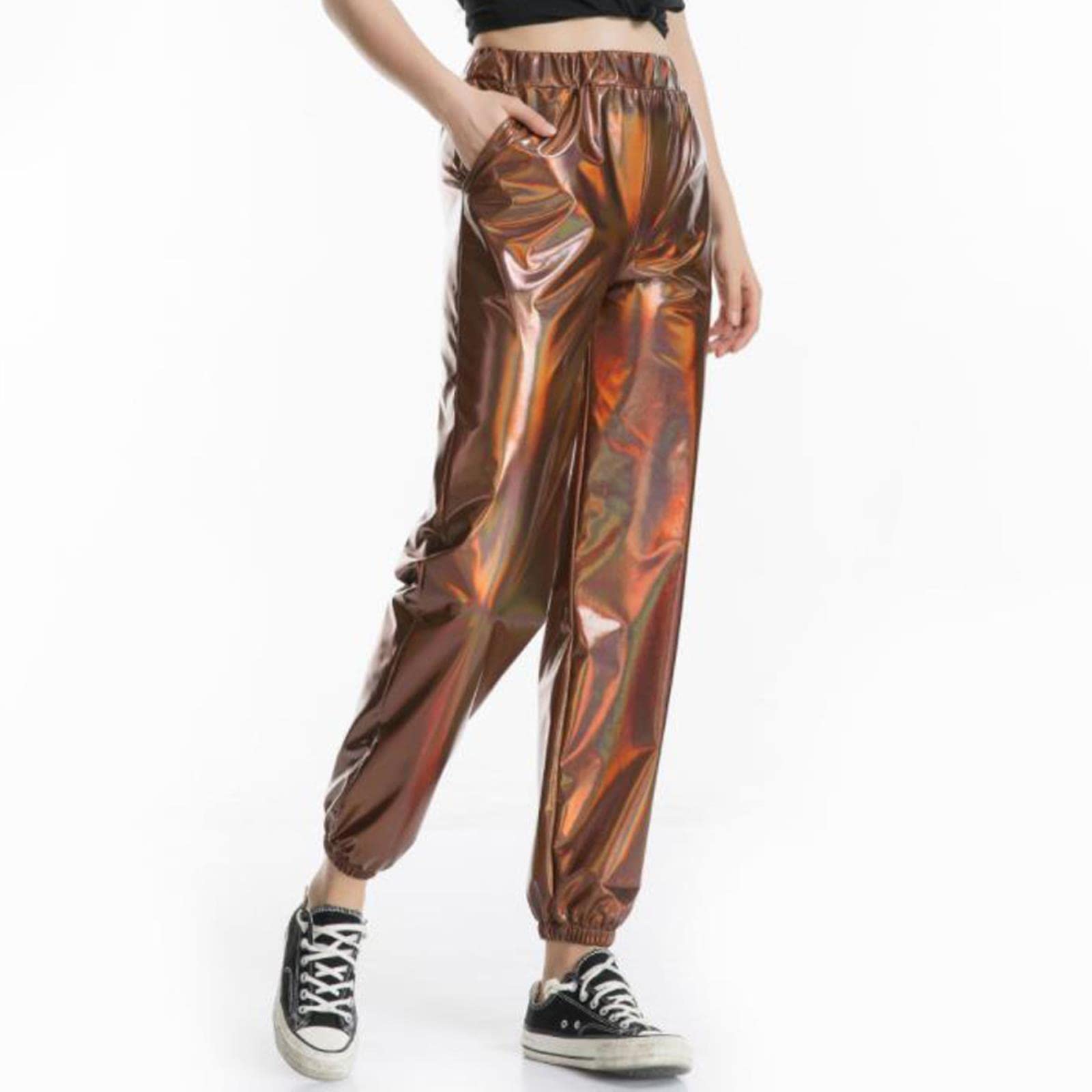 Vrouwen glanzende broek losse holografische kleding zilveren broek dance hiphop punk broek joggingbroek streetwear-loose pants,S