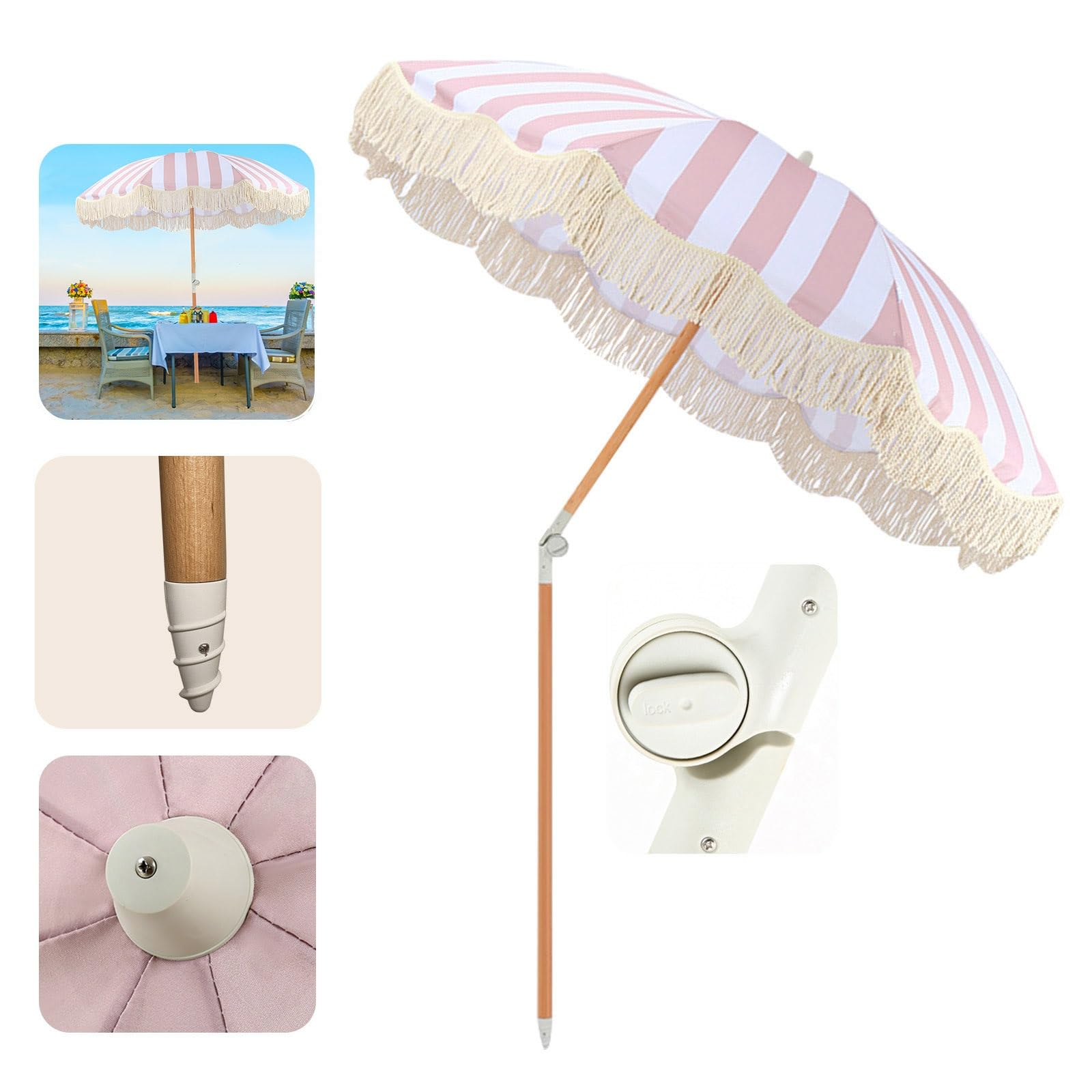 200cm Sombrilla De Playa Con Borlas Sombrilla Jardin Exterior Sombrilla Parasol Inclinable Sombrilla De Patio Protección Solar Sombrilla Hawaiana UPF50+ Con Bolsa De Transporte