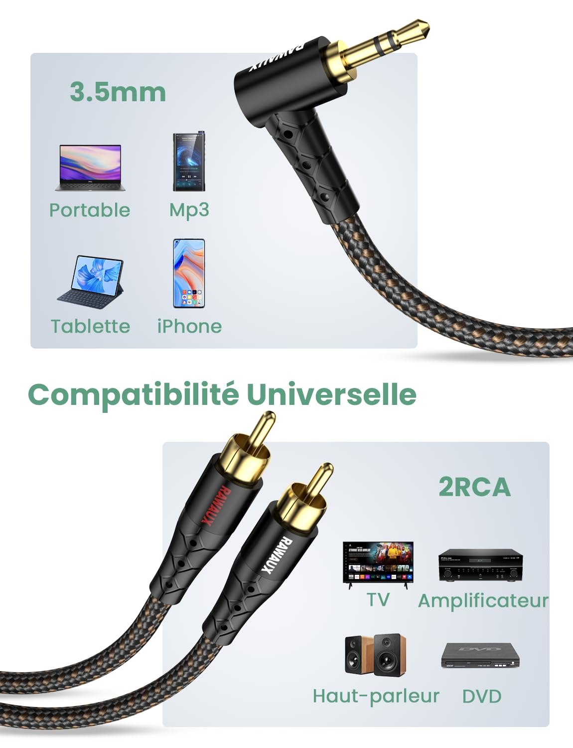 Câble RCA Jack Audio Stéréo 1M 90 Degrés 3.5mm vers 2RCA Mâle Câble Adaptateur Audio 2RCA Auxiliaire pour TV, Smartphone, Tablette, Home Cinéma, Amplificateur (2 RCA à 3.5 - Noir)