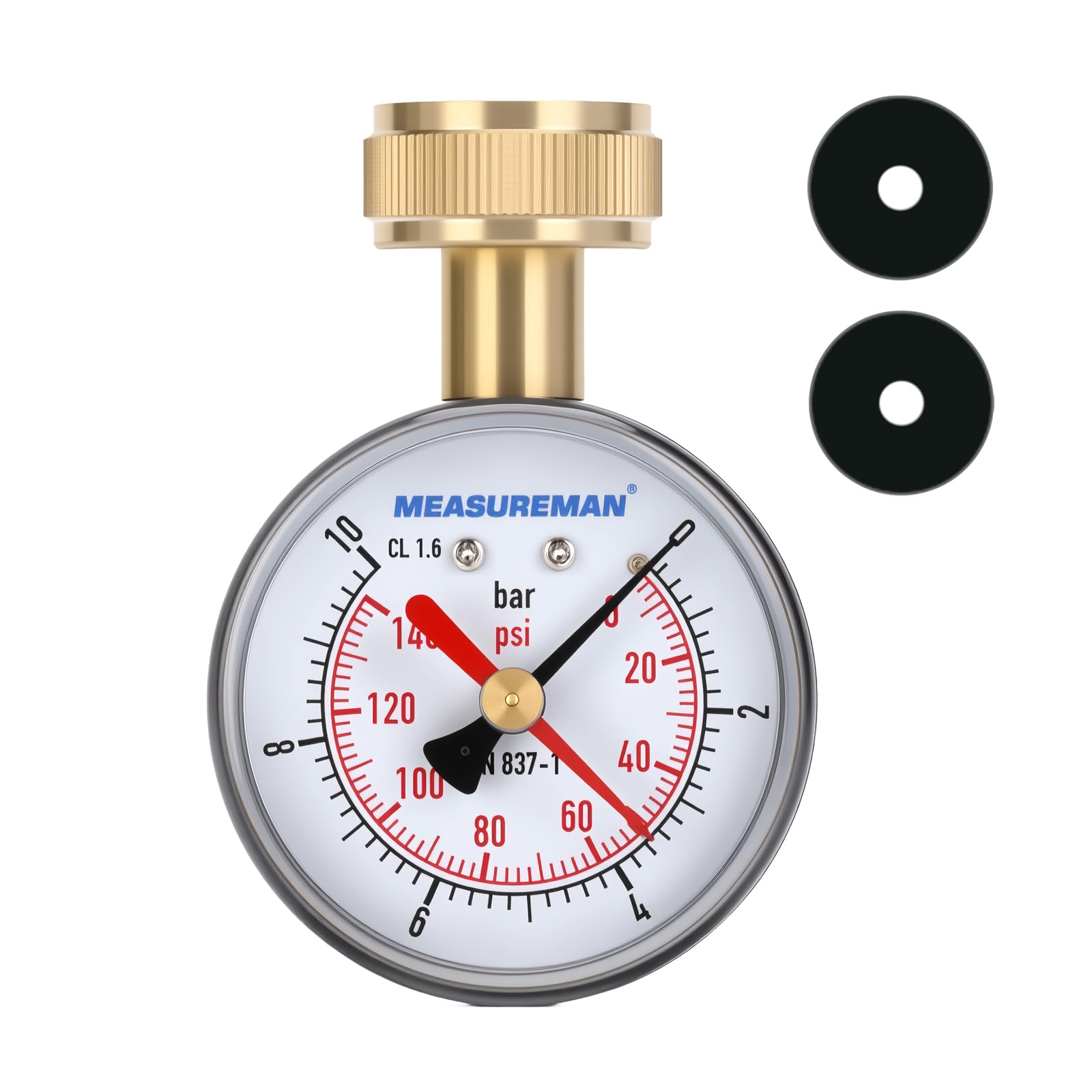 Manomètre de test de pression d’eau, filetage femelle 3/4" BSP pour tuyau, 0-10 bar avec aiguille témoin rouge.
