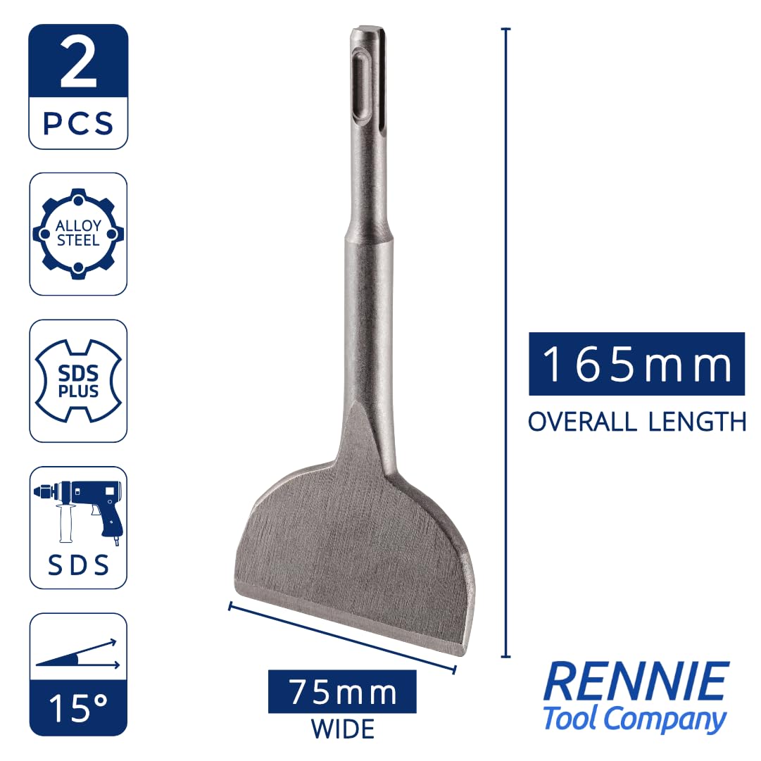 Rennie Tool Company 2 Pack SDS Plus Bent Tile Chisel, 75mm Wide x 165mm Long, Alloy Steel - Image 2