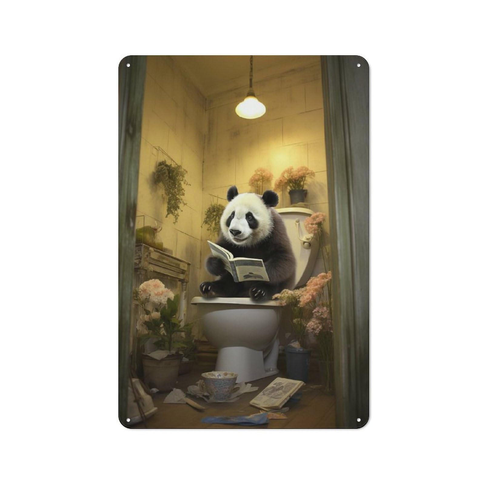 Junmoney Panda Reading On Toilet Printed Metal Sign 30X20cm For Lounge Or Reading Corner, For Vintage Wall Decor Fans, For Themed Room Decoration