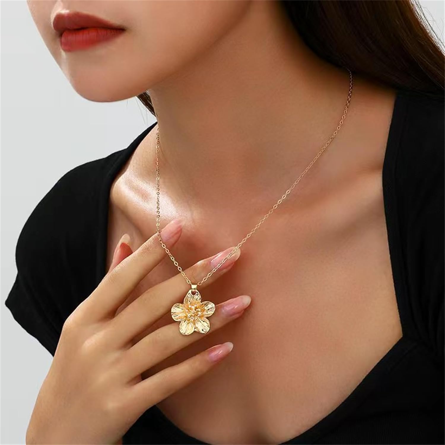 MALOYANVE Golden Flower Necklace Earring Ring Bracelet Set for Women Gold - Toned Floral Jewelry Set Elegant Flower - Shaped Accessories for Wedding, Daily Wear Party Holiday Gift - Image 4