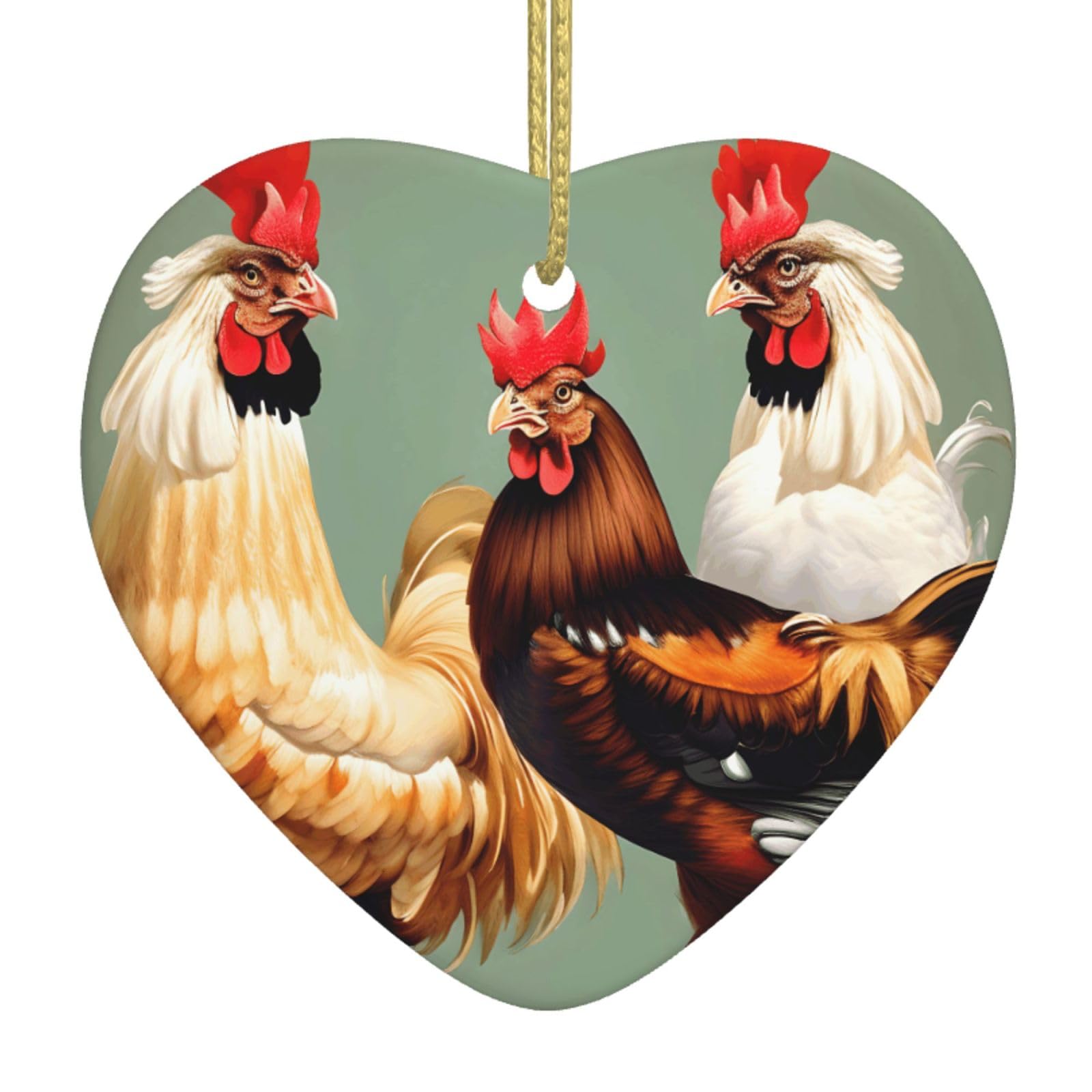 Nbtghga White Rooster And Chicken Print Print Christmas Ornaments, Ceramic Hanging Ornament, Xmas Tree Decoration, Holiday Home Decor
