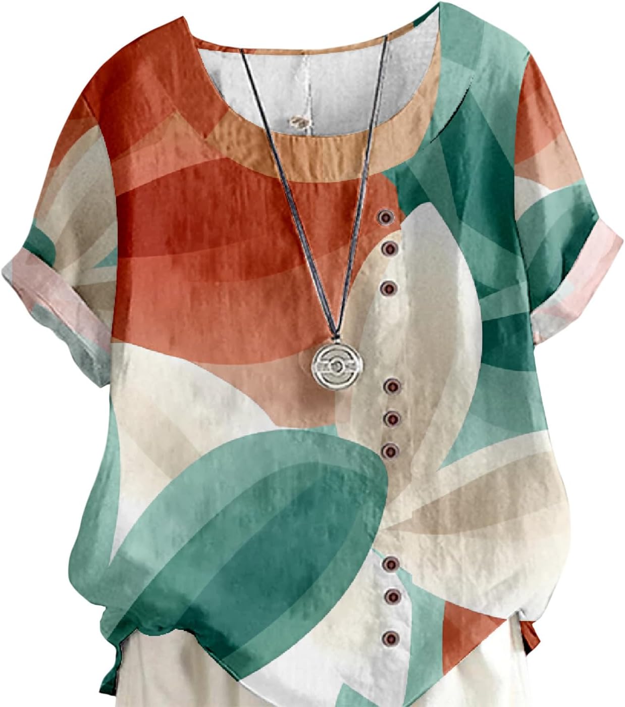 ZOCANIA Boho Tops for Women Floral Print Crewneck Short Sleeve Blouse Button Down Tee Shirts