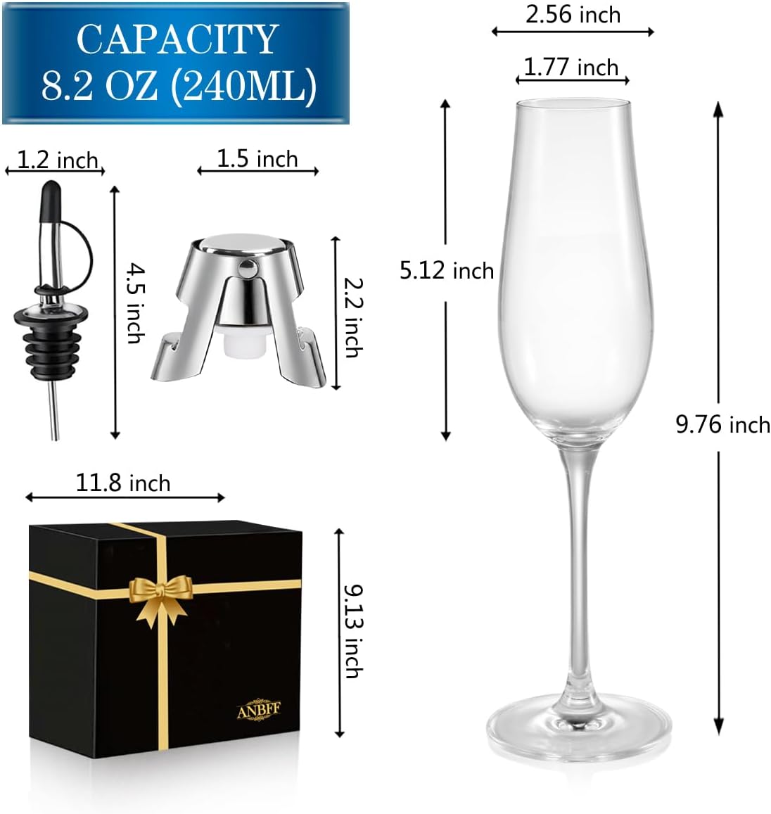 Champagne Flutes - Set of 2 Hand Blown Crystal Clear Glass - 8.2 Oz Champagne Glasses with Champagne Stopper and Gift Box - for Prosecco, Mimosa, Sparkling Wine - Image 5